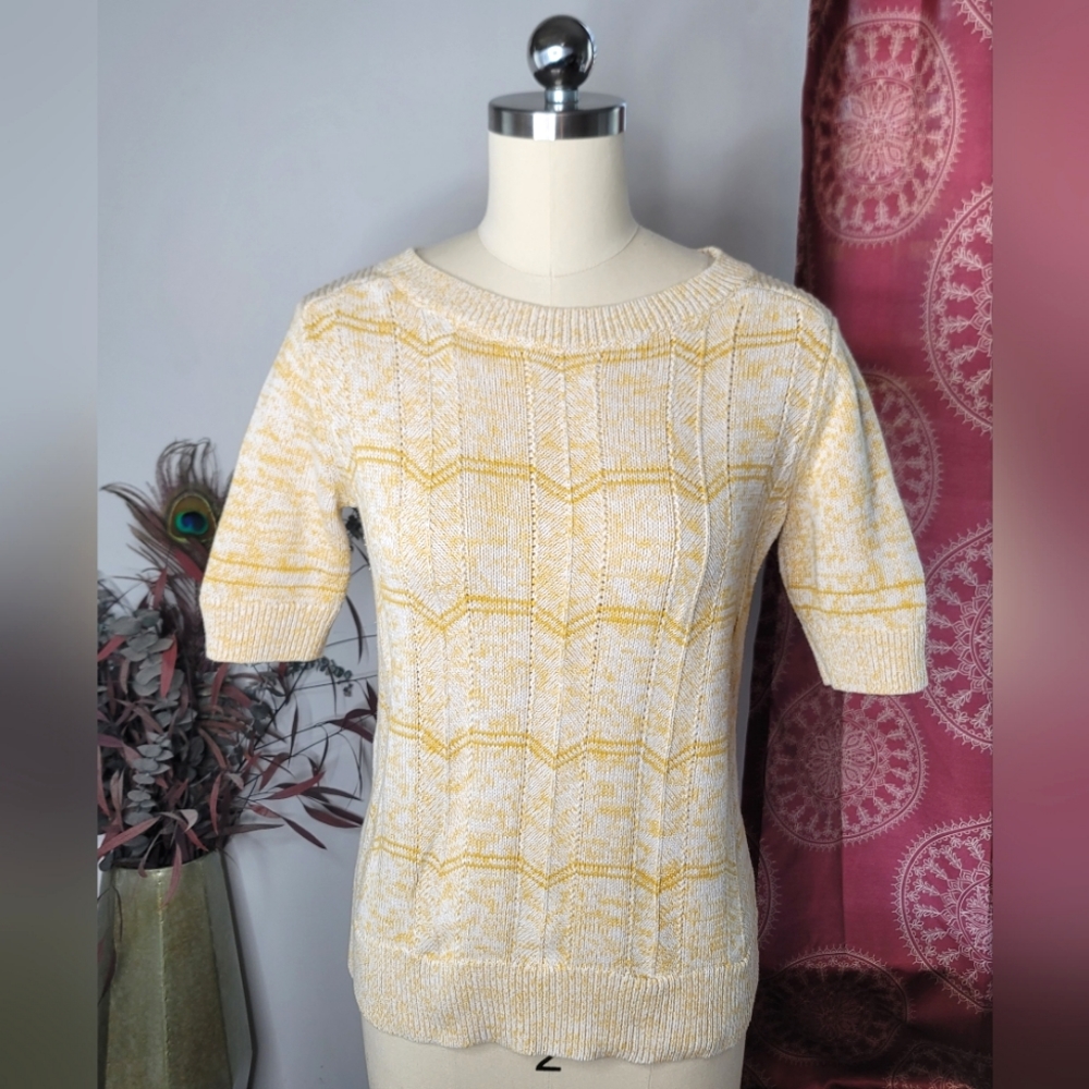 Lucky Brand Yellow and White Short Sleeve Crewneck Sweater